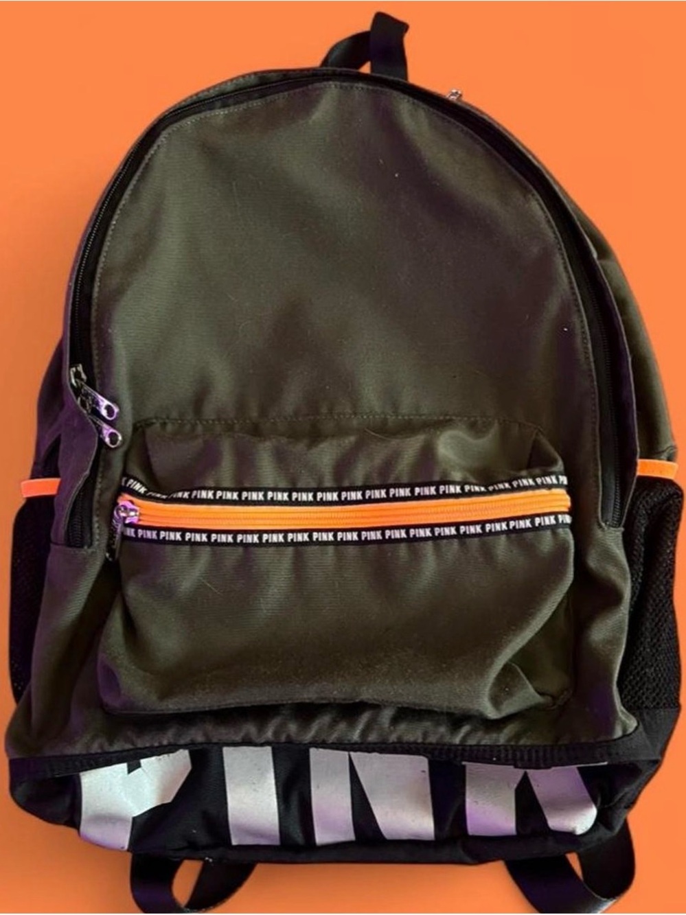 PINK Victoria's Secret Olive Green Backpack with Pink Trim and Black Base